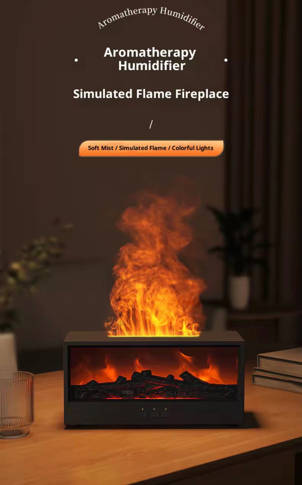 Difusor de Aceites Esenciales y Humidificador Ultrasónico – Efecto Llama 3D y Simulación de Chimenea, Luz Ambiental Multicolor con Mando a Distancia