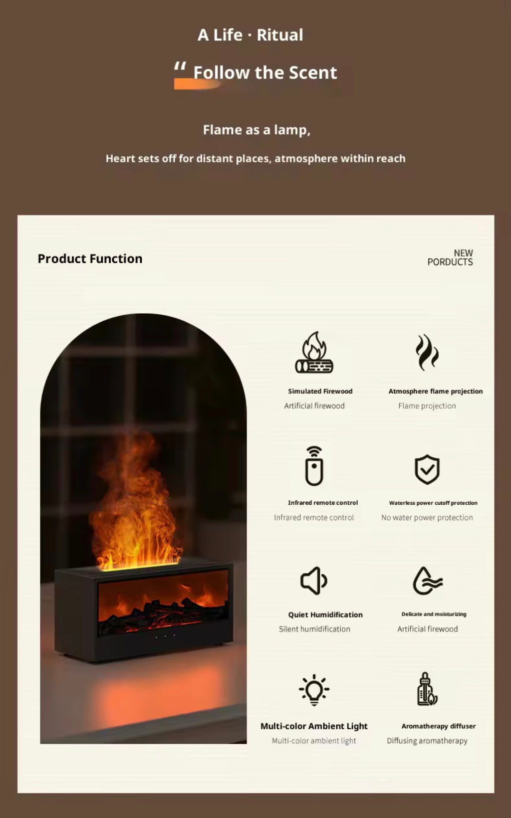 Difusor de Aceites Esenciales y Humidificador Ultrasónico – Efecto Llama 3D y Simulación de Chimenea, Luz Ambiental Multicolor con Mando a Distancia