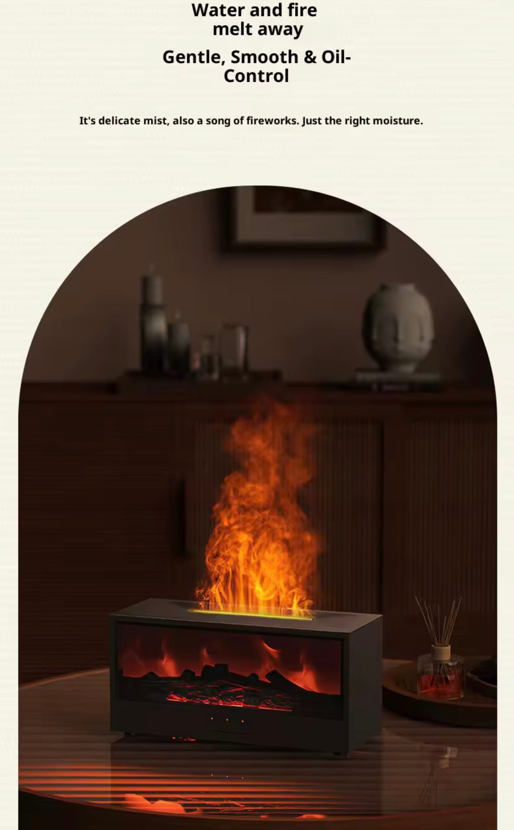 Difusor de Aceites Esenciales y Humidificador Ultrasónico – Efecto Llama 3D y Simulación de Chimenea, Luz Ambiental Multicolor con Mando a Distancia
