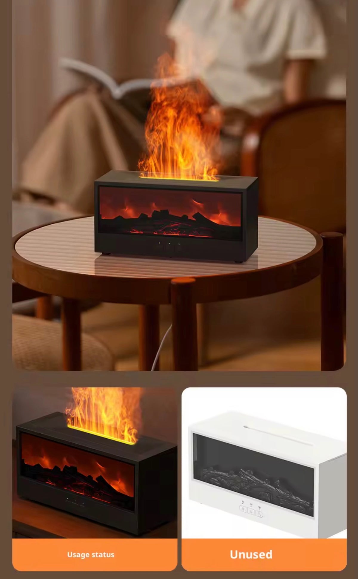 Difusor de Aceites Esenciales y Humidificador Ultrasónico – Efecto Llama 3D y Simulación de Chimenea, Luz Ambiental Multicolor con Mando a Distancia