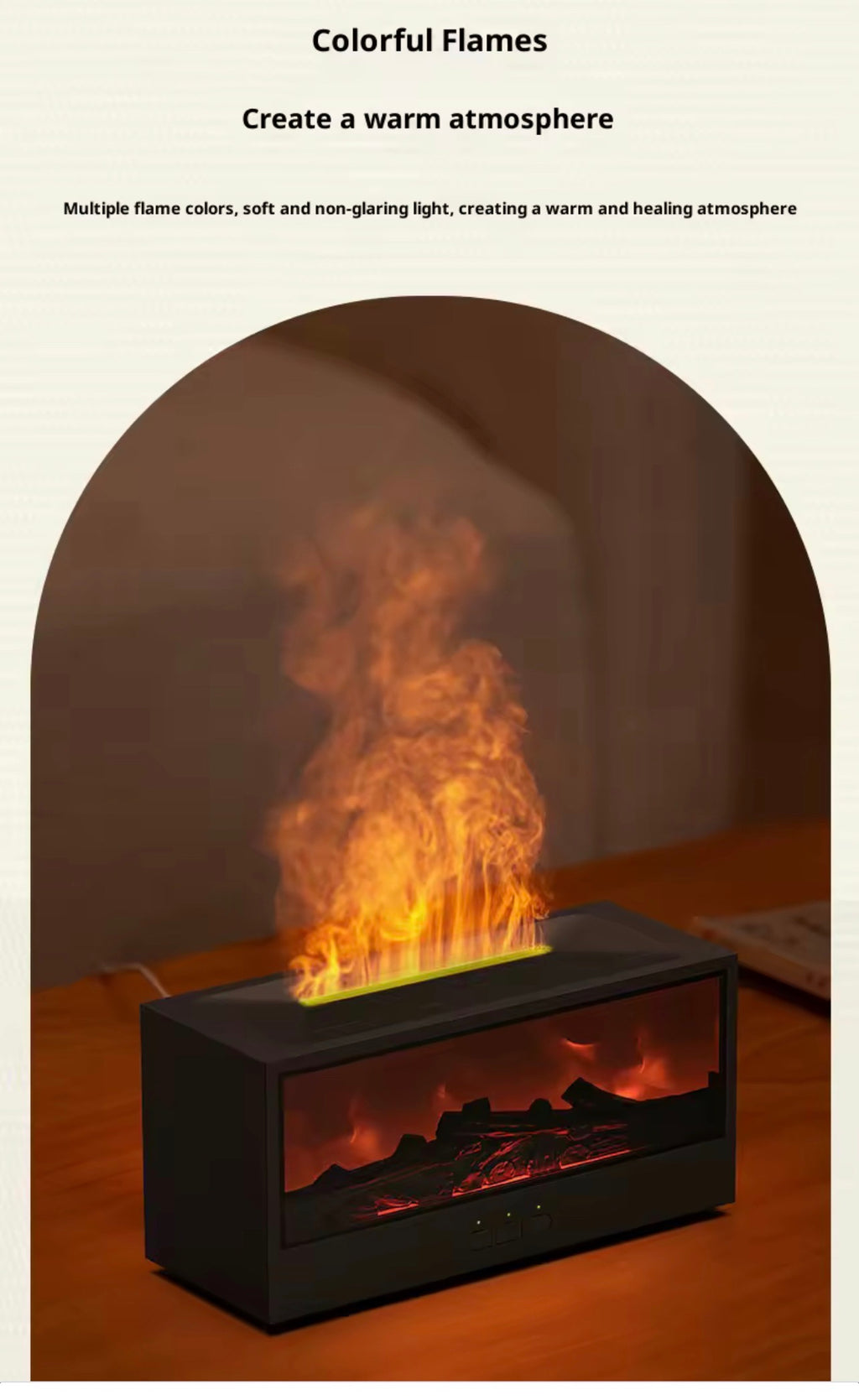 Difusor de Aceites Esenciales y Humidificador Ultrasónico – Efecto Llama 3D y Simulación de Chimenea, Luz Ambiental Multicolor con Mando a Distancia