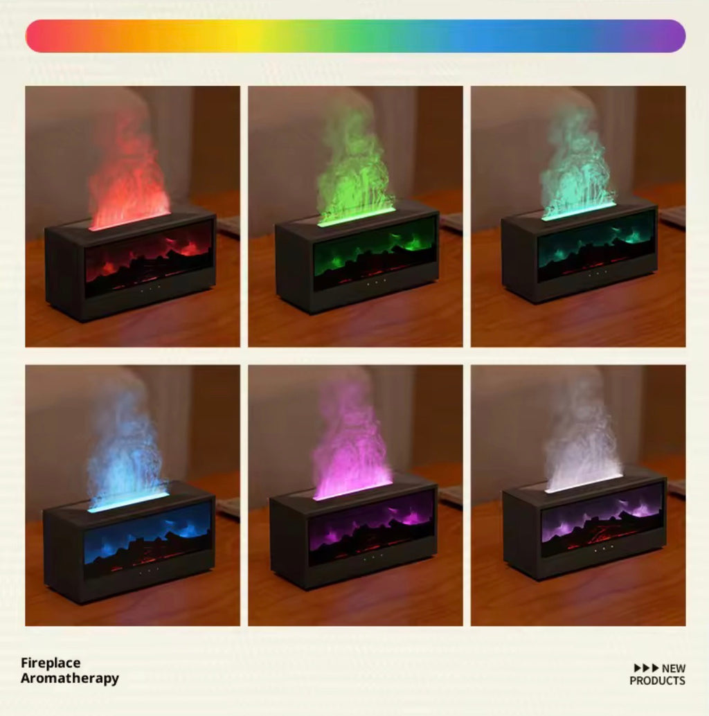 Difusor de Aceites Esenciales y Humidificador Ultrasónico – Efecto Llama 3D y Simulación de Chimenea, Luz Ambiental Multicolor con Mando a Distancia