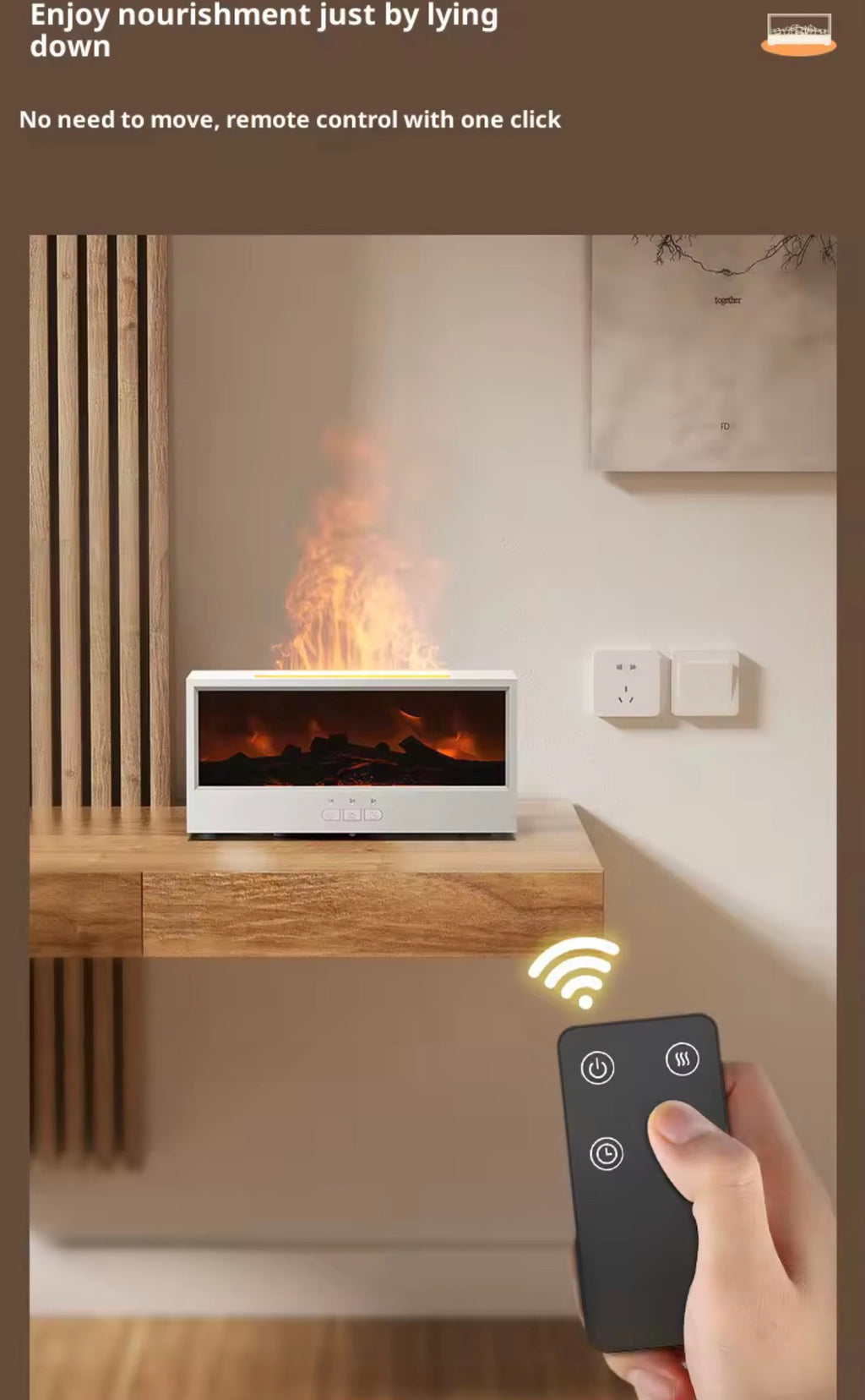 Difusor de Aceites Esenciales y Humidificador Ultrasónico – Efecto Llama 3D y Simulación de Chimenea, Luz Ambiental Multicolor con Mando a Distancia