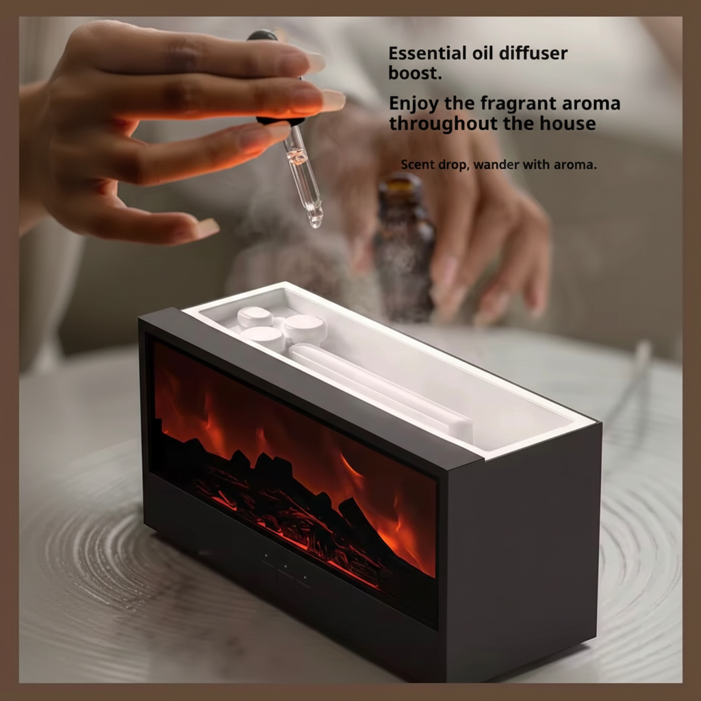 Difusor de Aceites Esenciales y Humidificador Ultrasónico – Efecto Llama 3D y Simulación de Chimenea, Luz Ambiental Multicolor con Mando a Distancia