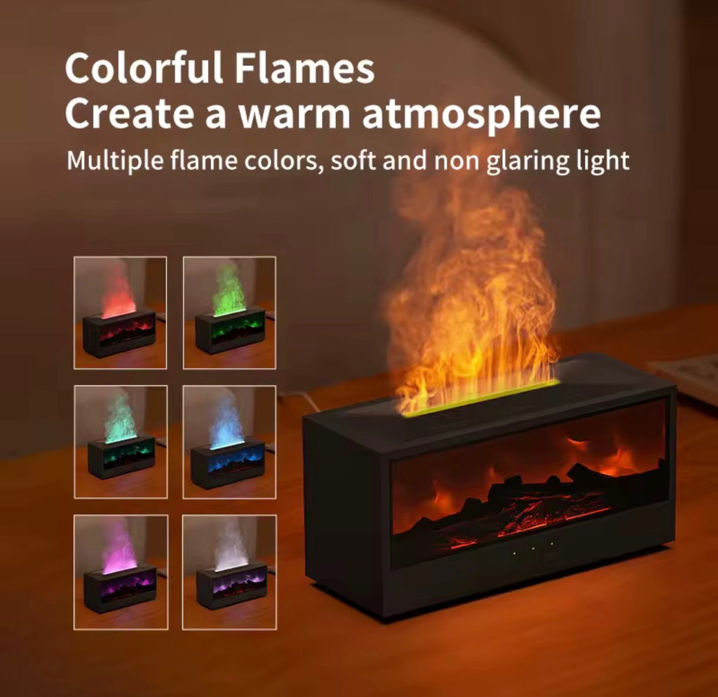 Difusor de Aceites Esenciales y Humidificador Ultrasónico – Efecto Llama 3D y Simulación de Chimenea, Luz Ambiental Multicolor con Mando a Distancia
