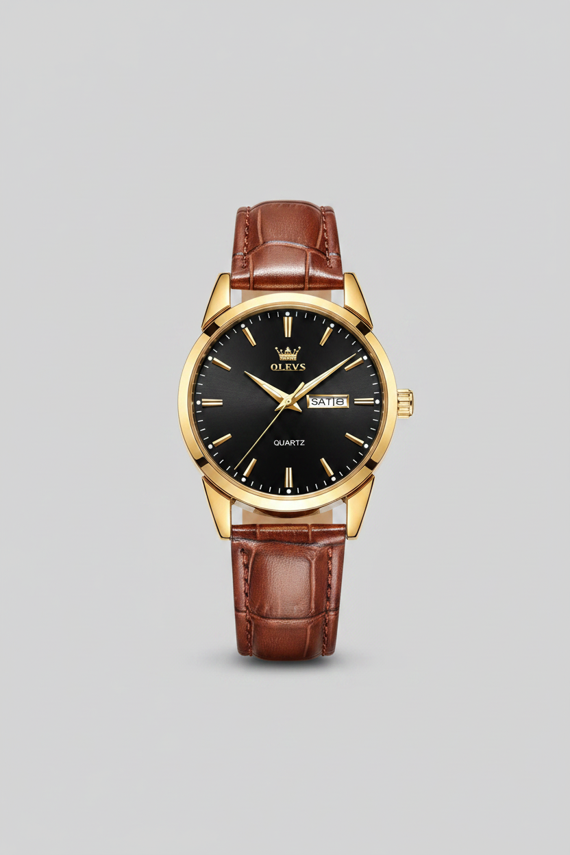 Reloj de cuarzo Olevs Premium para hombre – Esfera analógica con fecha y día, resistente al agua 3 ATM | Correa de cuero genuino y diseño de negocios clásico