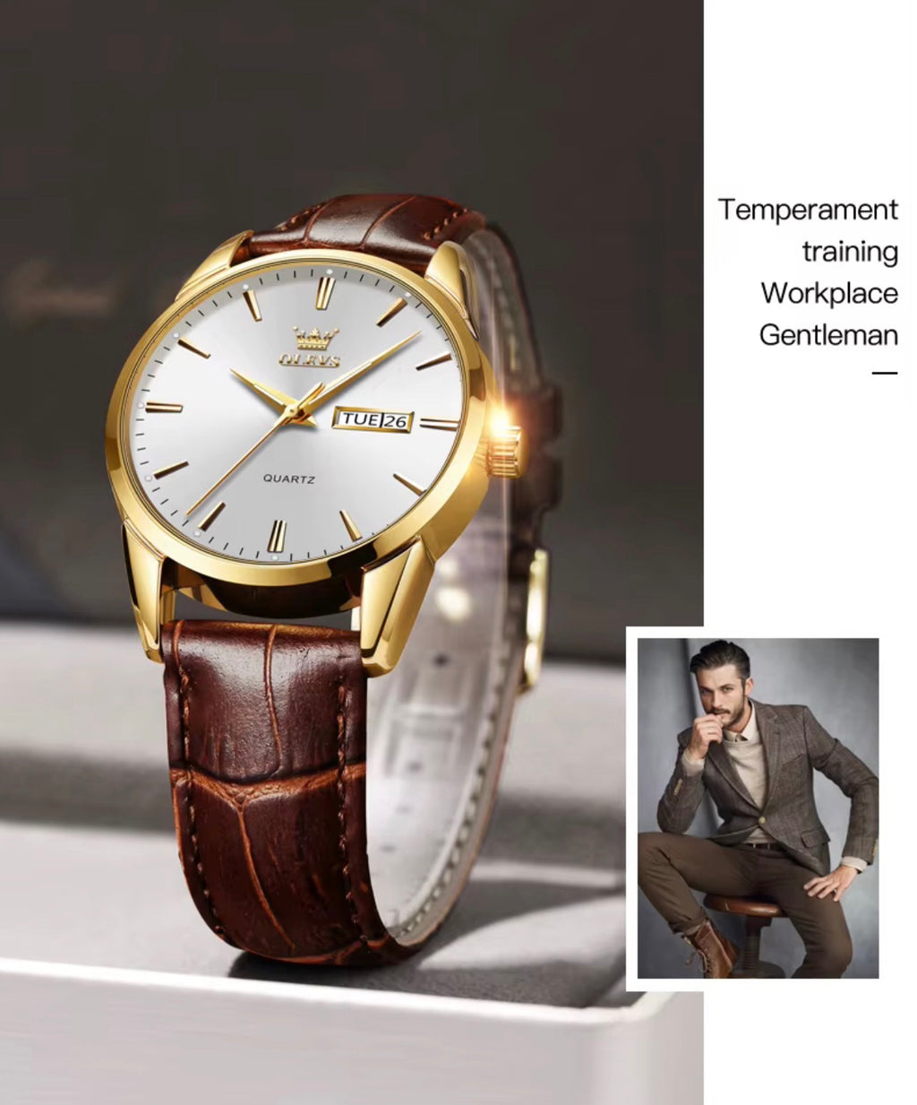 Reloj de cuarzo Olevs Premium para hombre – Esfera analógica con fecha y día, resistente al agua 3 ATM | Correa de cuero genuino y diseño de negocios clásico