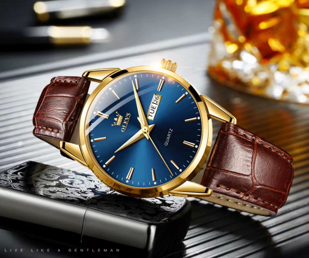 Reloj de cuarzo Olevs Premium para hombre – Esfera analógica con fecha y día, resistente al agua 3 ATM | Correa de cuero genuino y diseño de negocios clásico