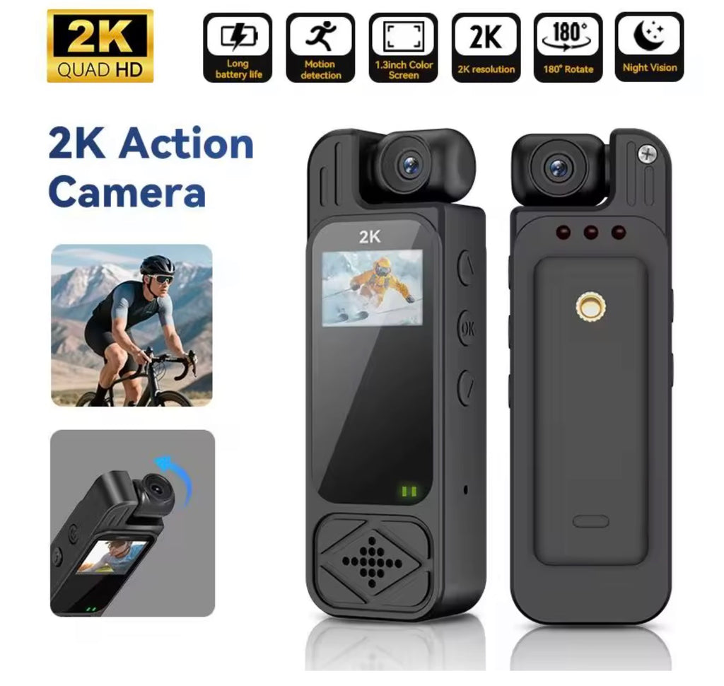 Mini cámara deportiva de acción 2K ultra nítida – Lente giratoria de 180°, visión nocturna infrarroja, conexión wifi y clip de fijación integrado