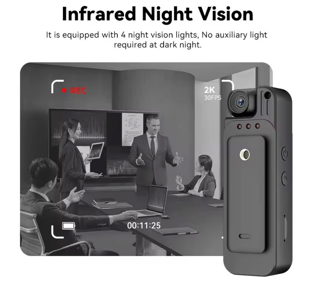 Mini cámara deportiva de acción 2K ultra nítida – Lente giratoria de 180°, visión nocturna infrarroja, conexión wifi y clip de fijación integrado