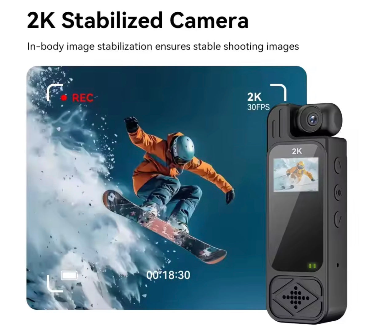 Mini cámara deportiva de acción 2K ultra nítida – Lente giratoria de 180°, visión nocturna infrarroja, conexión wifi y clip de fijación integrado