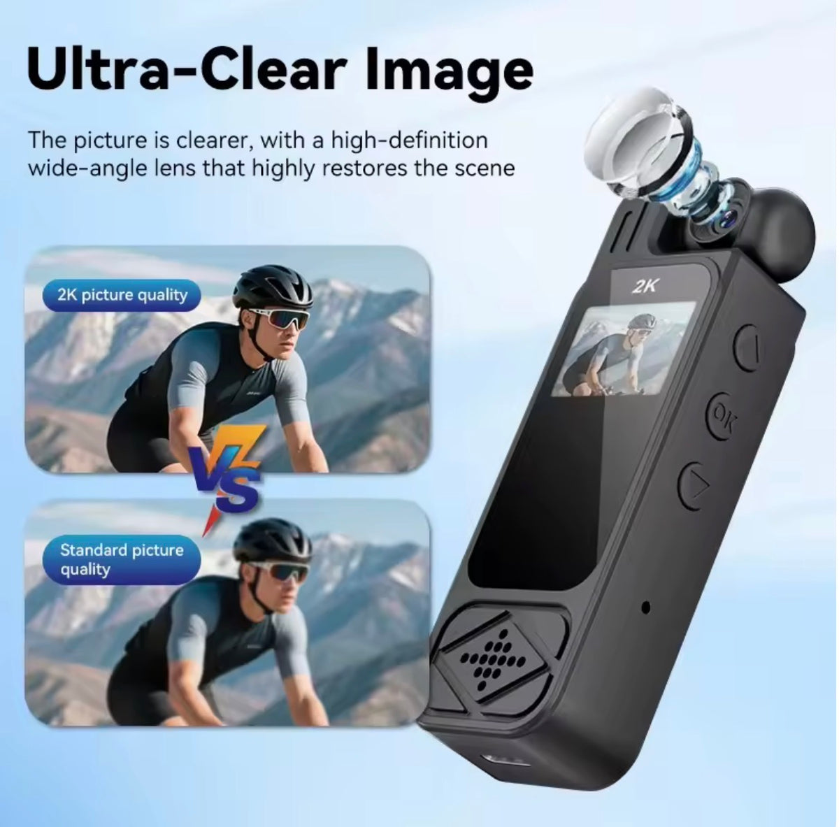 Mini cámara deportiva de acción 2K ultra nítida – Lente giratoria de 180°, visión nocturna infrarroja, conexión wifi y clip de fijación integrado