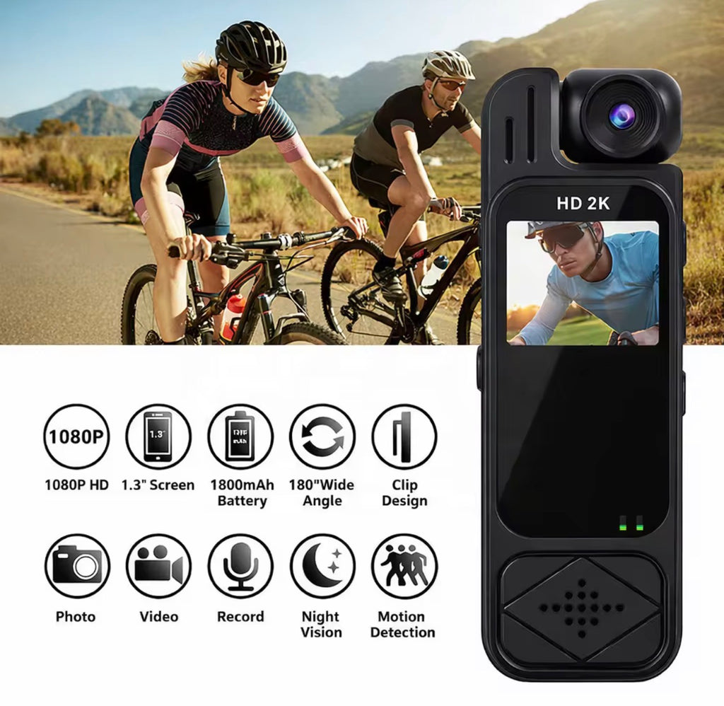 Mini cámara deportiva de acción 2K ultra nítida – Lente giratoria de 180°, visión nocturna infrarroja, conexión wifi y clip de fijación integrado