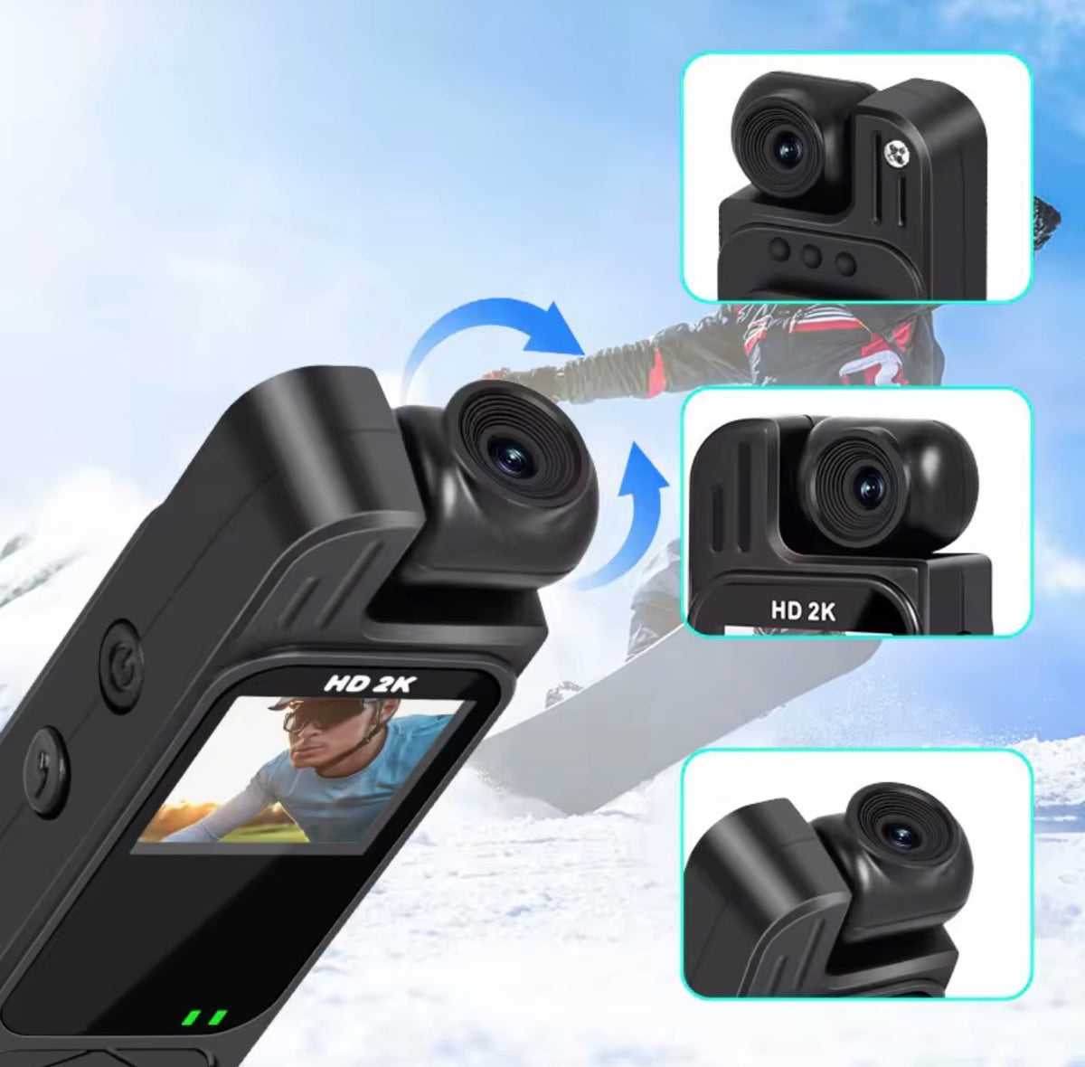 Mini cámara deportiva de acción 2K ultra nítida – Lente giratoria de 180°, visión nocturna infrarroja, conexión wifi y clip de fijación integrado