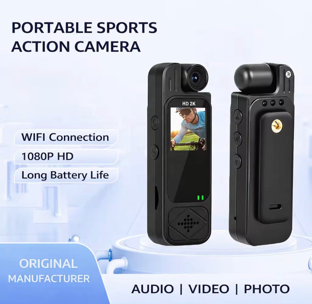 Mini cámara deportiva de acción 2K ultra nítida – Lente giratoria de 180°, visión nocturna infrarroja, conexión wifi y clip de fijación integrado