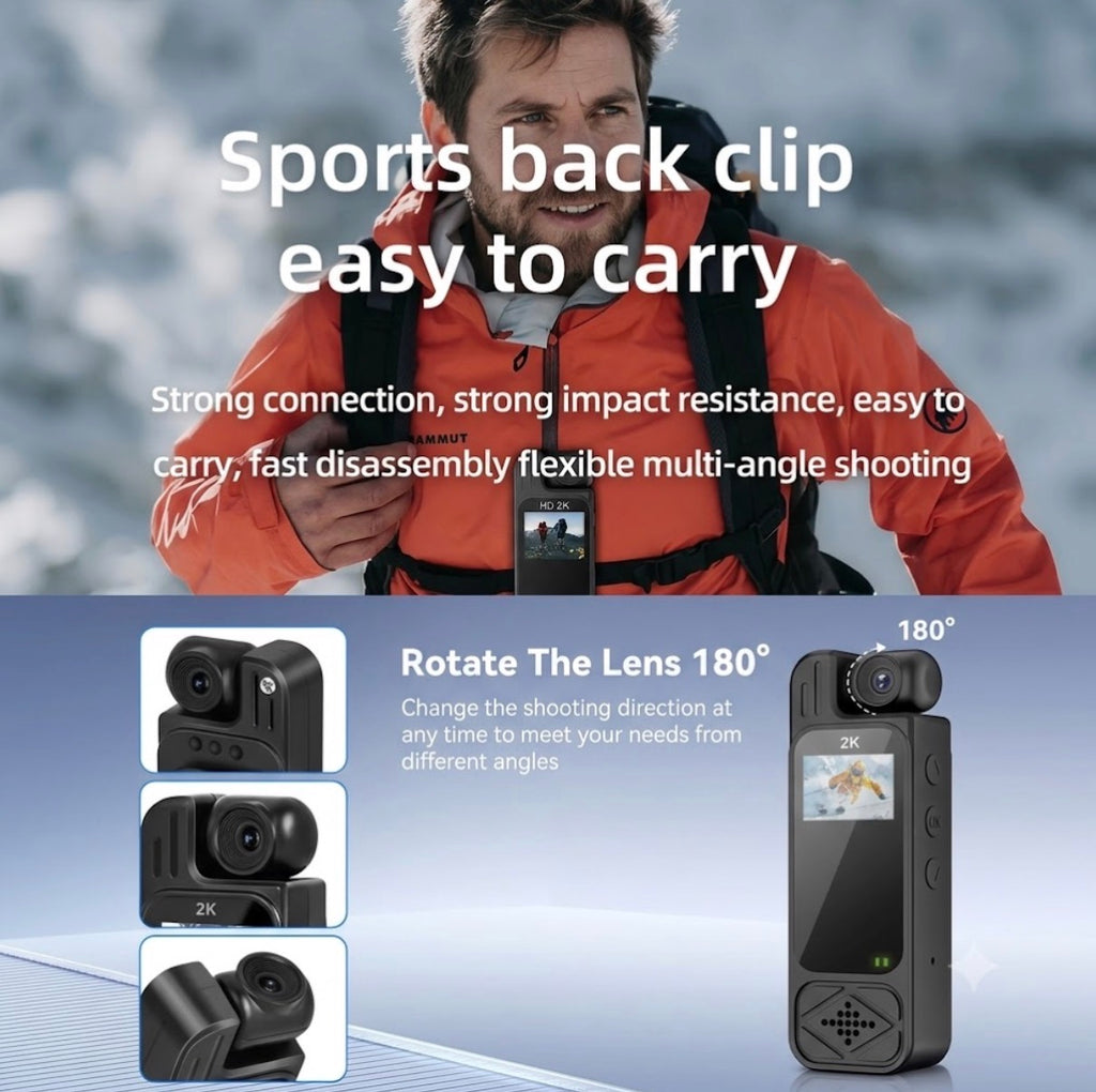 Mini cámara deportiva de acción 2K ultra nítida – Lente giratoria de 180°, visión nocturna infrarroja, conexión wifi y clip de fijación integrado