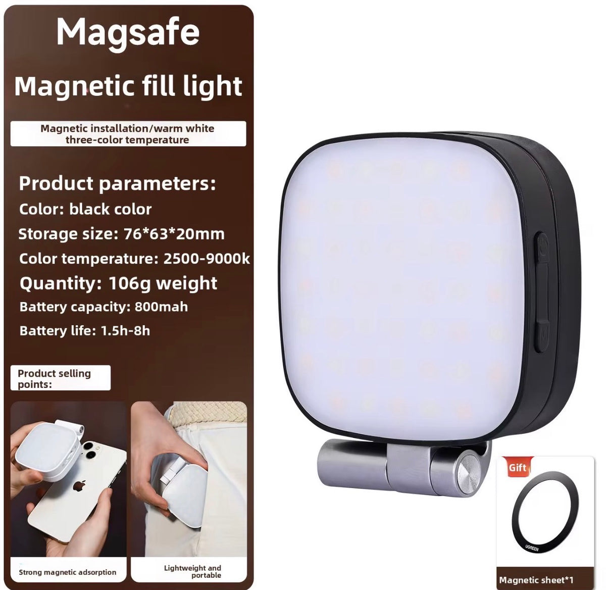 Luz LED Recargable Magnética para Selfies – Iluminación Profesional para Smartphone
