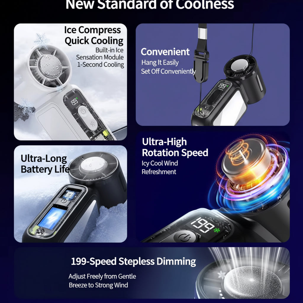 Mini ventilador de mano con aire acondicionado 3 en 1 - Enfriamiento instantáneo (efecto hielo), pantalla digital LED, batería de larga duración y elegante diseño de espejo