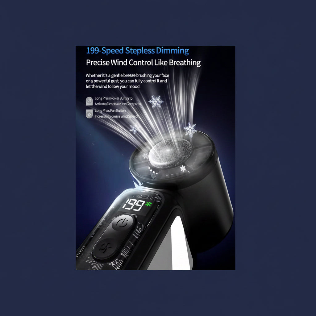 Mini ventilador de mano con aire acondicionado 3 en 1 - Enfriamiento instantáneo (efecto hielo), pantalla digital LED, batería de larga duración y elegante diseño de espejo