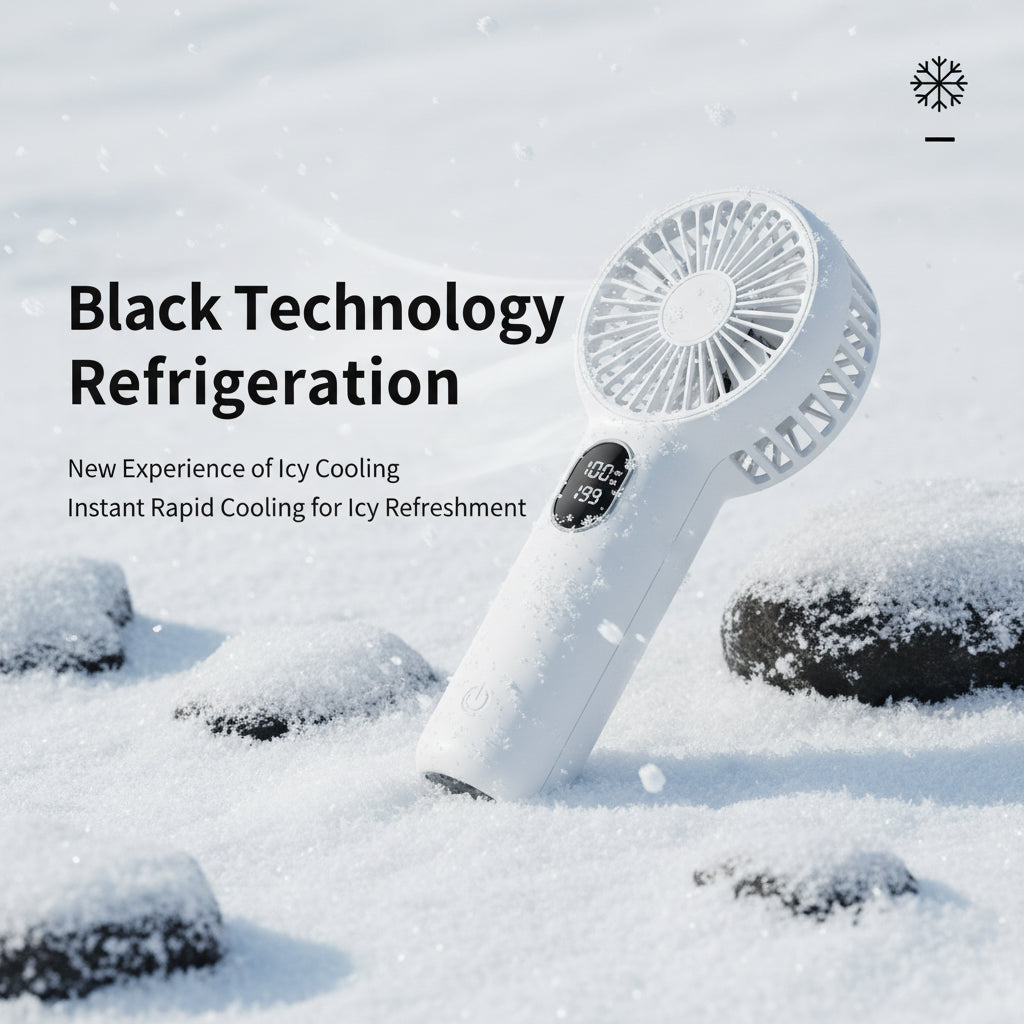 Mini ventilador de mano con aire acondicionado 3 en 1 - Enfriamiento instantáneo (efecto hielo), pantalla digital LED, batería de larga duración y elegante diseño de espejo