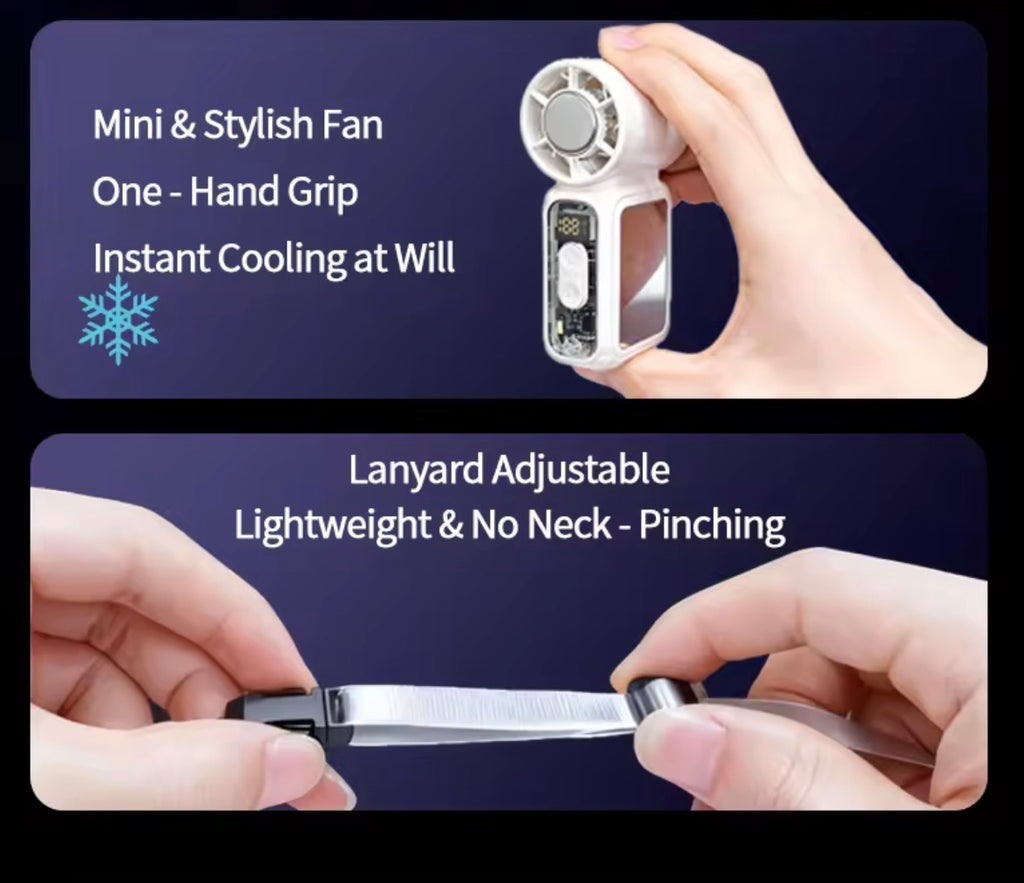 Mini ventilador de mano con aire acondicionado 3 en 1 - Enfriamiento instantáneo (efecto hielo), pantalla digital LED, batería de larga duración y elegante diseño de espejo