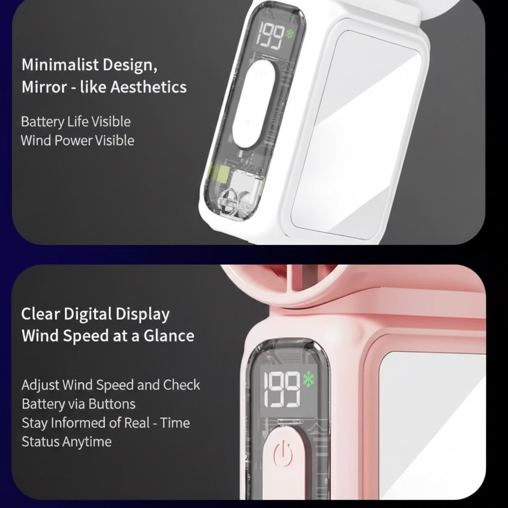 Mini ventilador de mano con aire acondicionado 3 en 1 - Enfriamiento instantáneo (efecto hielo), pantalla digital LED, batería de larga duración y elegante diseño de espejo