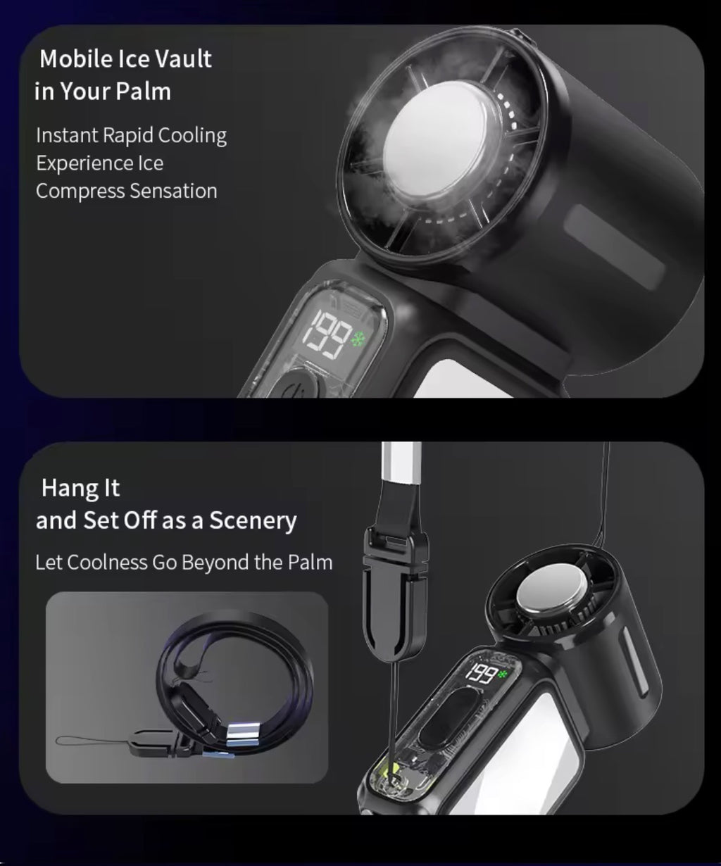Mini ventilador de mano con aire acondicionado 3 en 1 - Enfriamiento instantáneo (efecto hielo), pantalla digital LED, batería de larga duración y elegante diseño de espejo