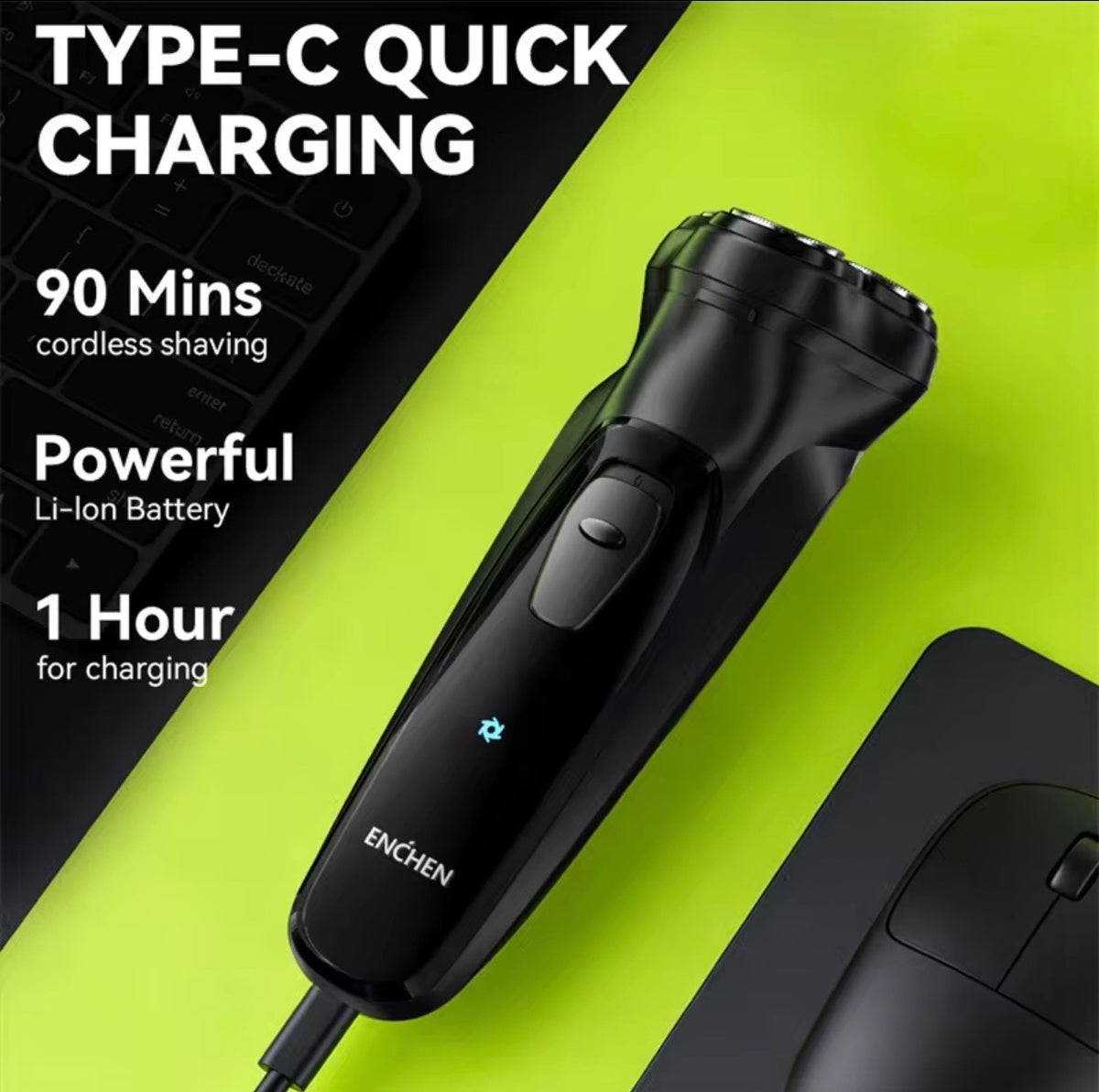 Afeitadora Eléctrica Hombre Alta Precisión – 3 Cabezales Flotantes 3D, Recortadora Retráctil Integrada y Carga Rápida USB Tipo-C