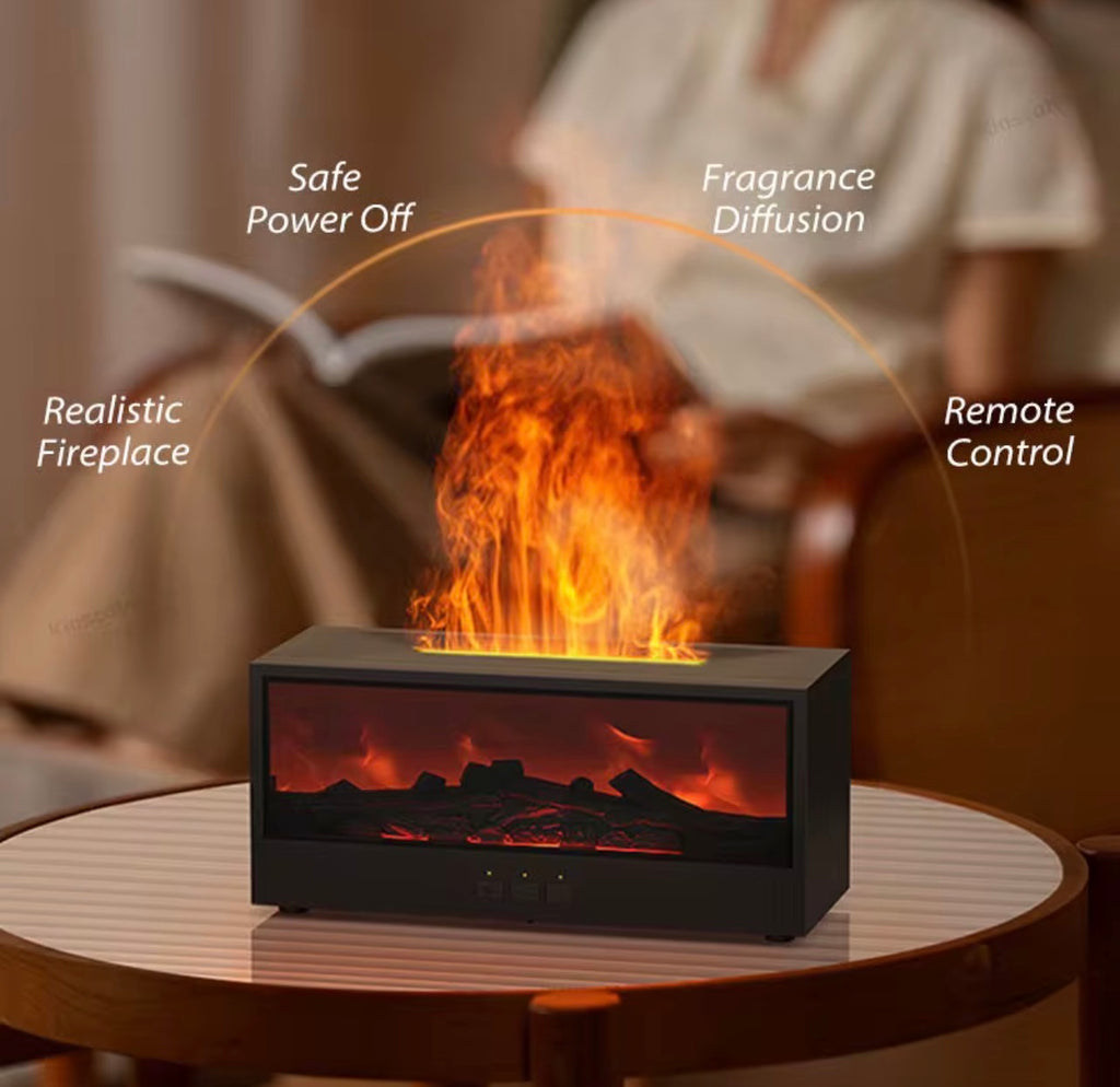 Difusor de Aceites Esenciales y Humidificador Ultrasónico – Efecto Llama 3D y Simulación de Chimenea, Luz Ambiental Multicolor con Mando a Distancia