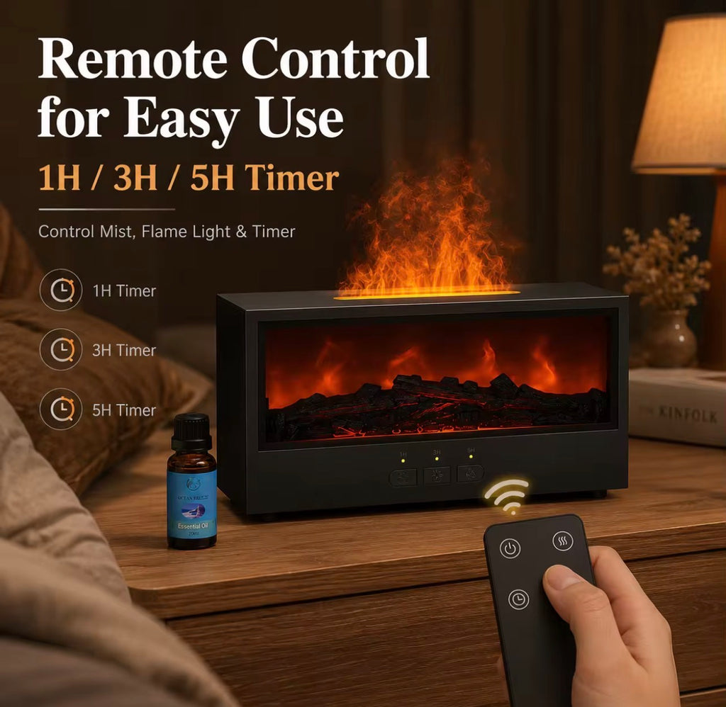 Difusor de Aceites Esenciales y Humidificador Ultrasónico – Efecto Llama 3D y Simulación de Chimenea, Luz Ambiental Multicolor con Mando a Distancia