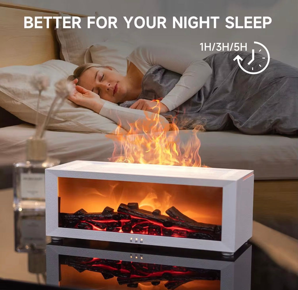 Difusor de Aceites Esenciales y Humidificador Ultrasónico – Efecto Llama 3D y Simulación de Chimenea, Luz Ambiental Multicolor con Mando a Distancia
