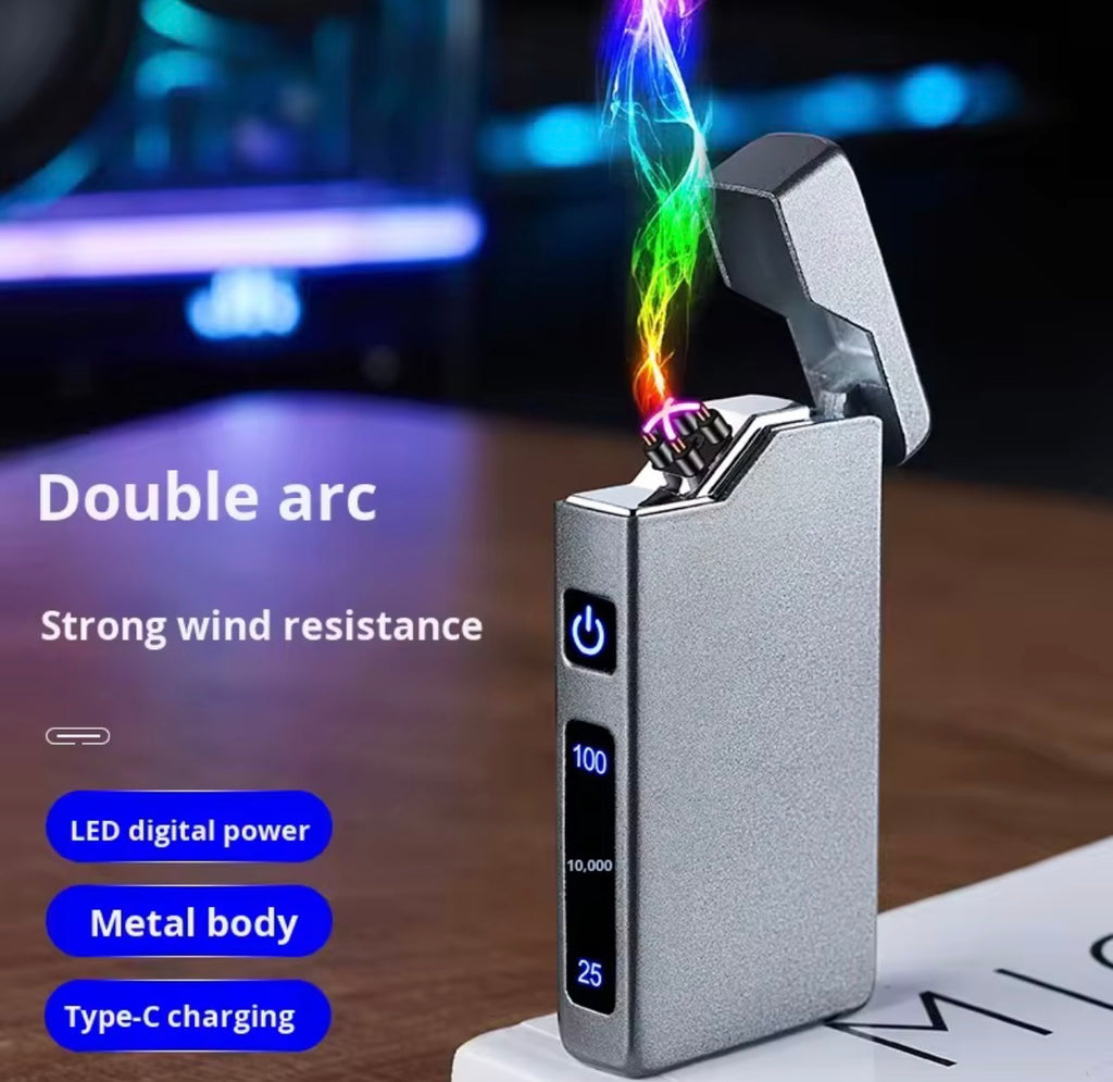 Encendedor Eléctrico de Doble Arco Recargable USB-C, Indicador LED, Diseño Moderno Cortavientos