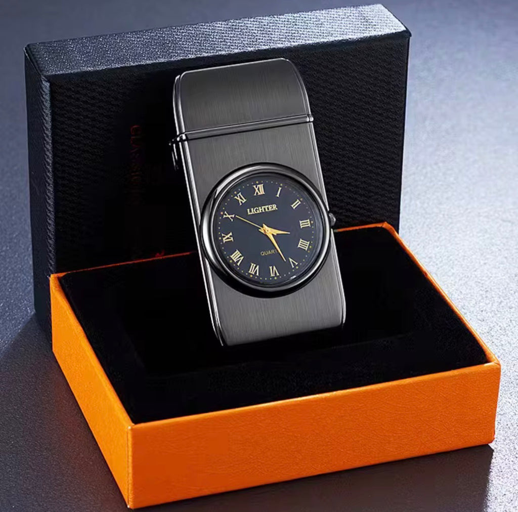 Encendedor de butano a prueba de viento con reloj de cuarzo incorporado - Diseño elegante de aleación de zinc