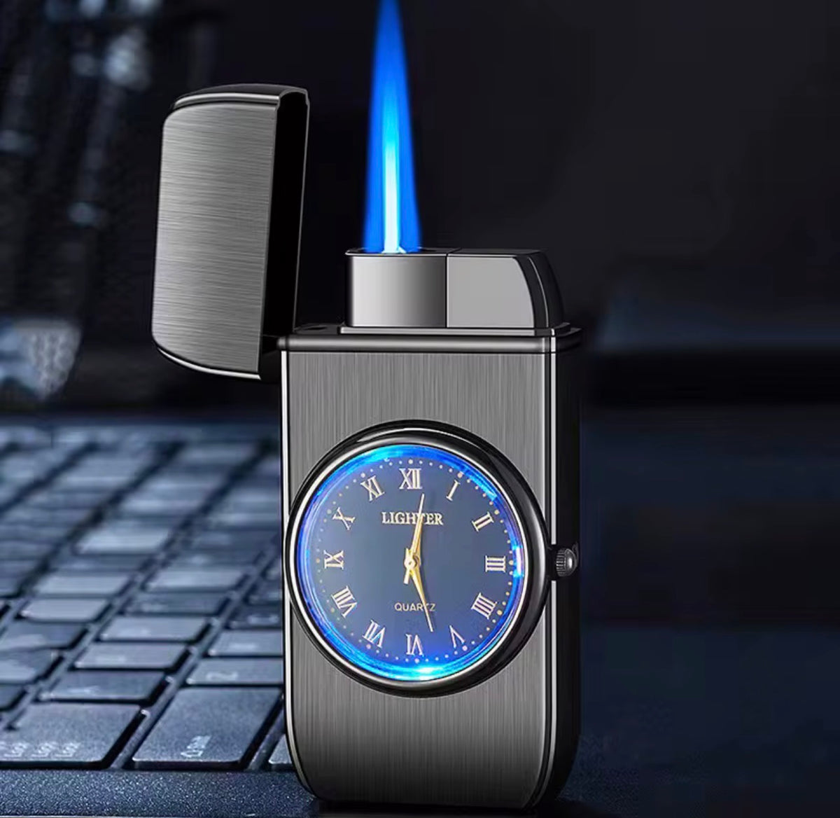 Encendedor de butano a prueba de viento con reloj de cuarzo incorporado - Diseño elegante de aleación de zinc