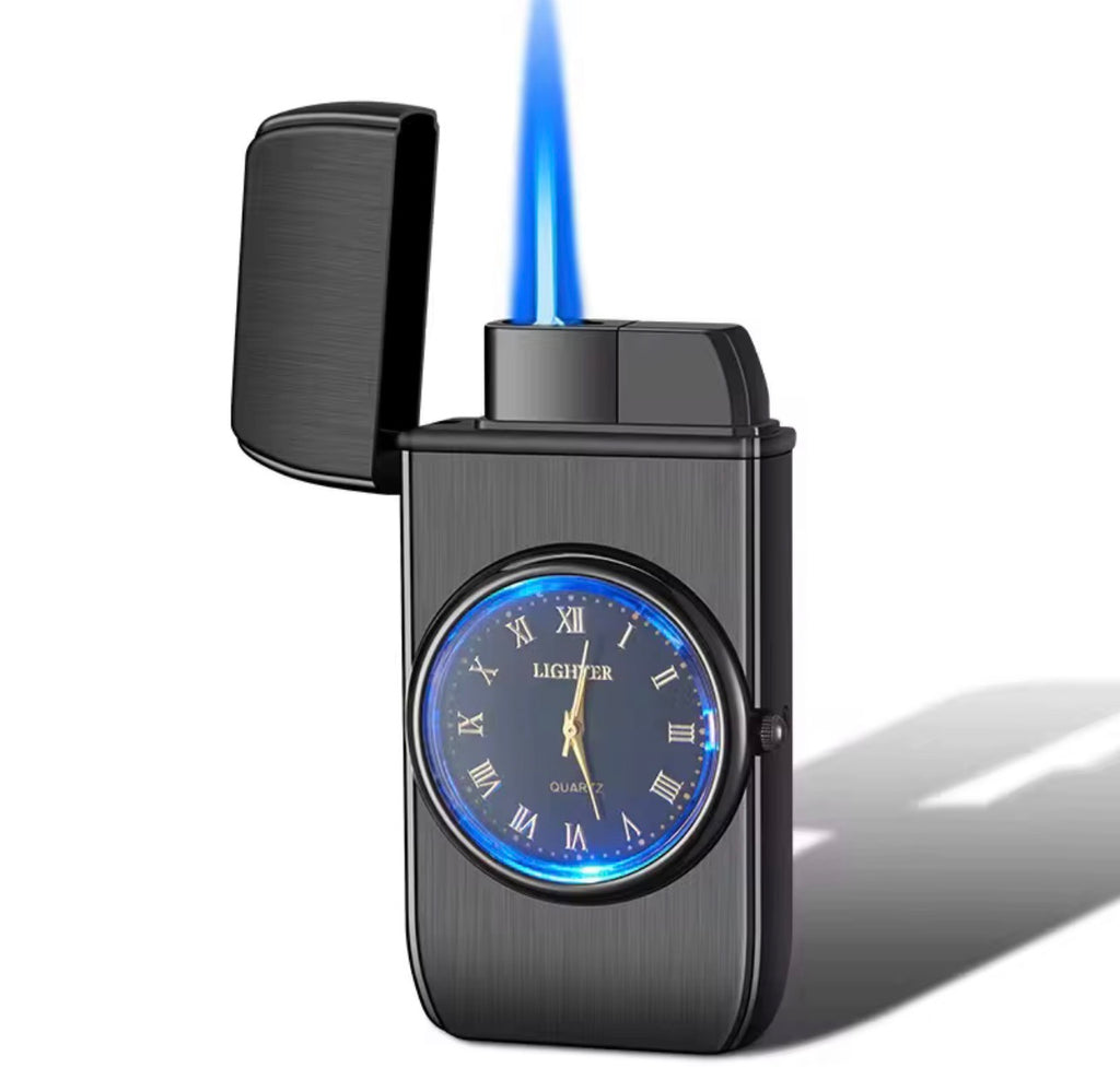Encendedor de butano a prueba de viento con reloj de cuarzo incorporado - Diseño elegante de aleación de zinc