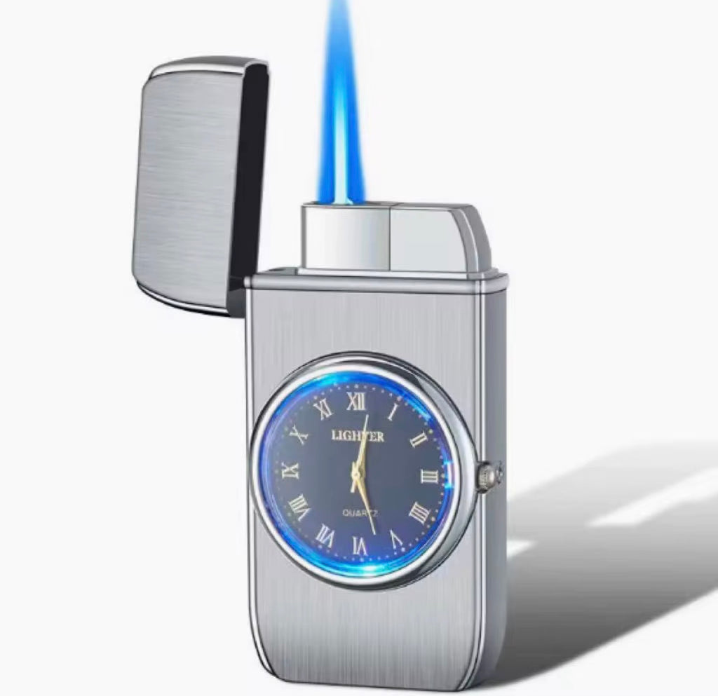 Encendedor de butano a prueba de viento con reloj de cuarzo incorporado - Diseño elegante de aleación de zinc