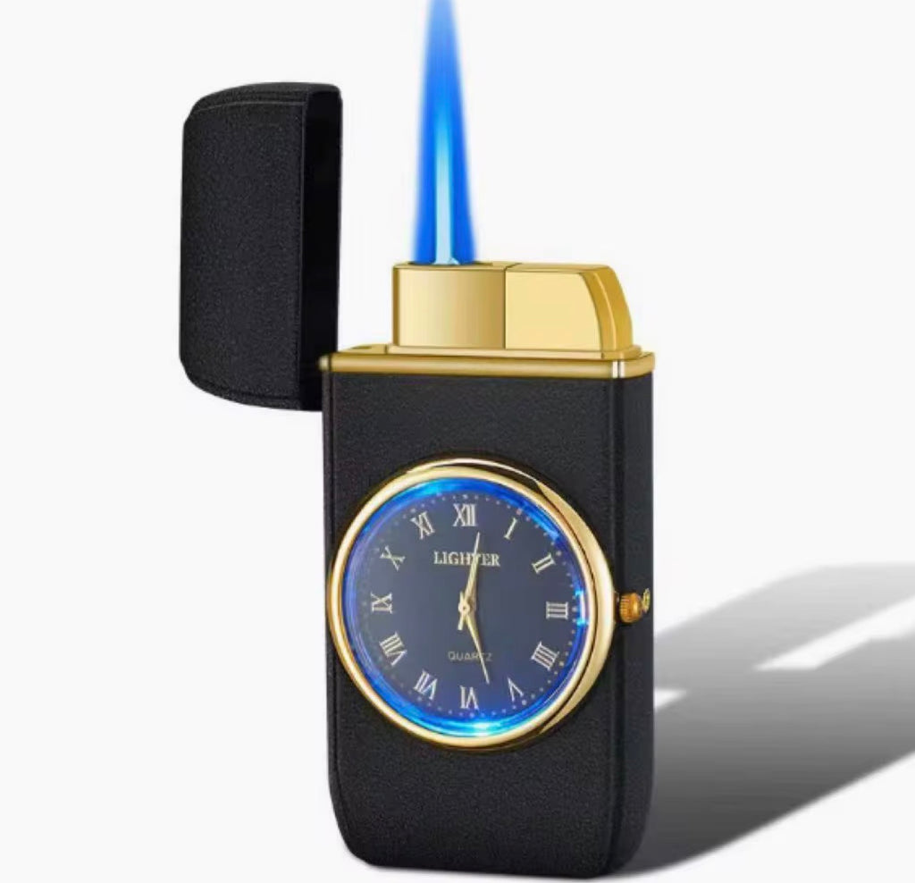Encendedor de butano a prueba de viento con reloj de cuarzo incorporado - Diseño elegante de aleación de zinc