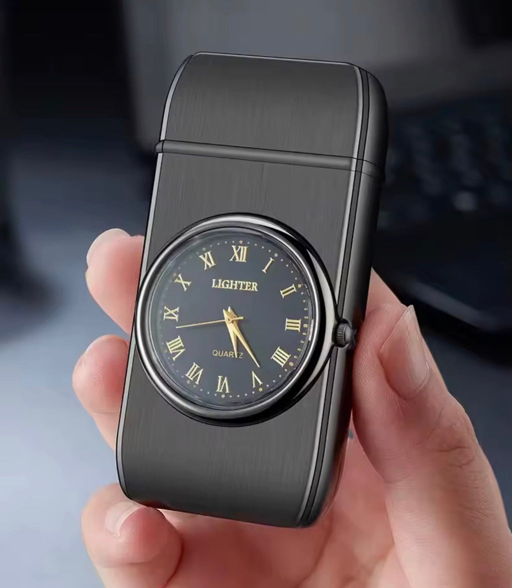 Encendedor de butano a prueba de viento con reloj de cuarzo incorporado - Diseño elegante de aleación de zinc