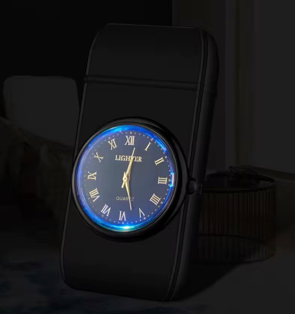 Encendedor de butano a prueba de viento con reloj de cuarzo incorporado - Diseño elegante de aleación de zinc