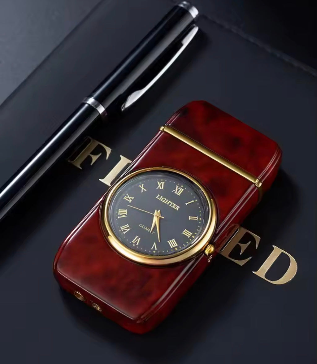 Encendedor de butano a prueba de viento con reloj de cuarzo incorporado - Diseño elegante de aleación de zinc