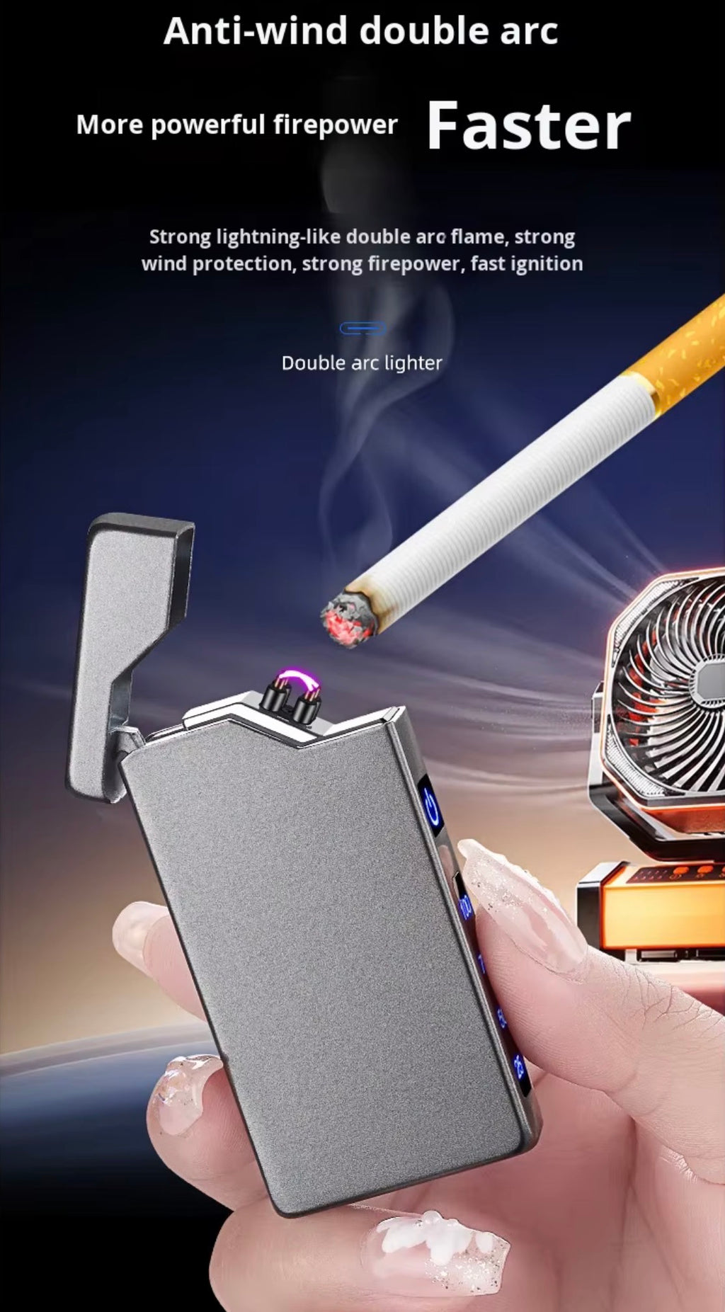 Encendedor Eléctrico de Doble Arco Recargable USB-C, Indicador LED, Diseño Moderno Cortavientos