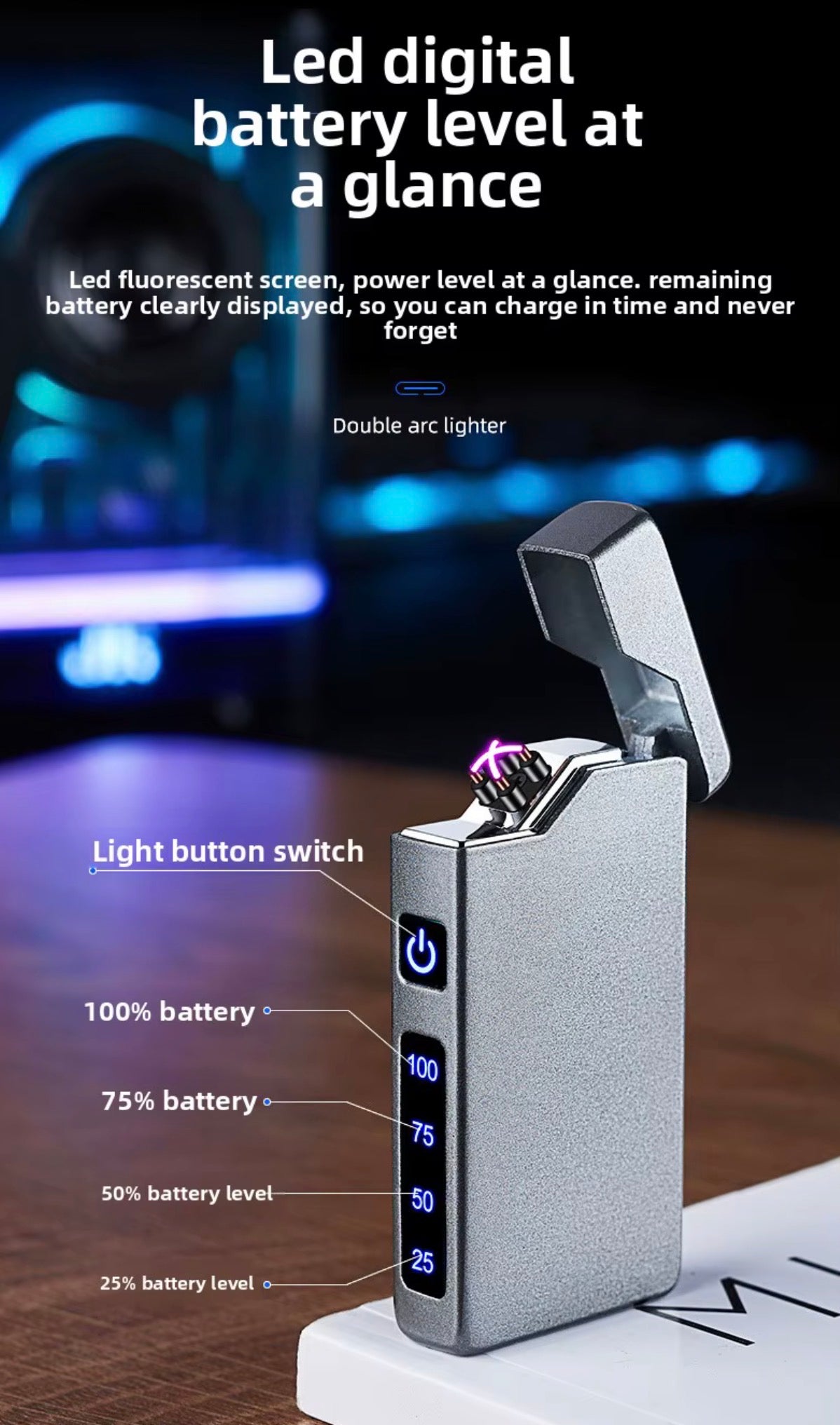 Encendedor Eléctrico de Doble Arco Recargable USB-C, Indicador LED, Diseño Moderno Cortavientos