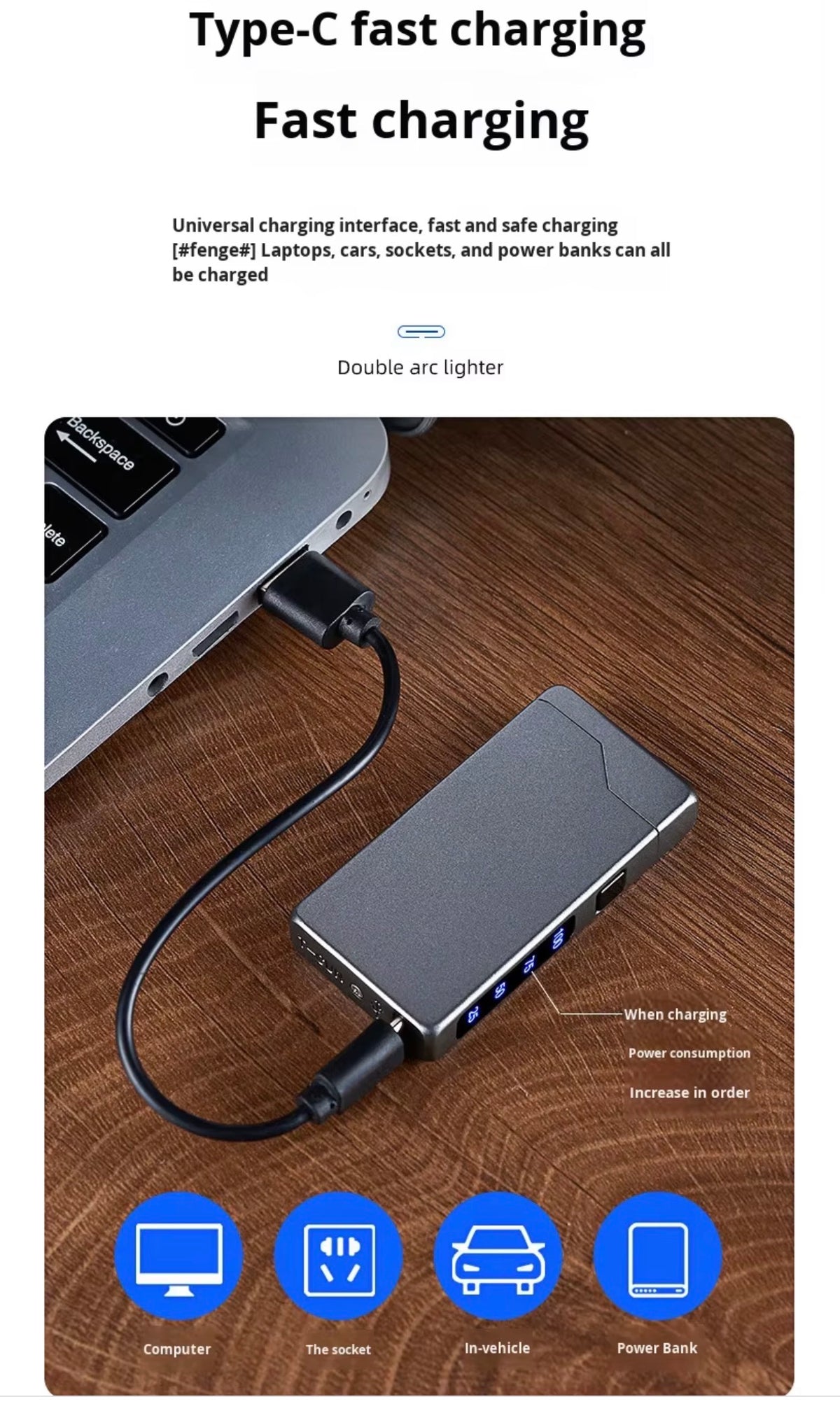 Encendedor Eléctrico de Doble Arco Recargable USB-C, Indicador LED, Diseño Moderno Cortavientos