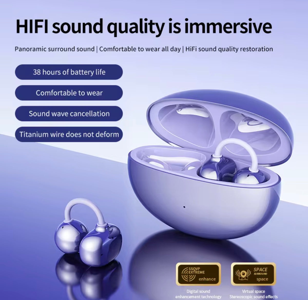 Auriculares Bluetooth 6.0 Open Ear Clip – Sonido envolvente Hi-Fi, 38 horas de autonomía, diseño ergonómico e inteligente con asistente de IA