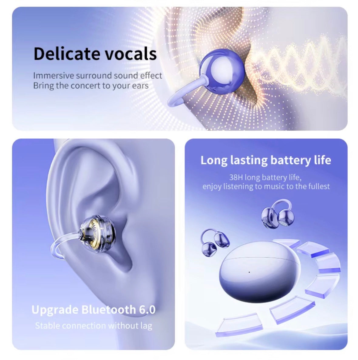 Auriculares Bluetooth 6.0 Open Ear Clip – Sonido envolvente Hi-Fi, 38 horas de autonomía, diseño ergonómico e inteligente con asistente de IA