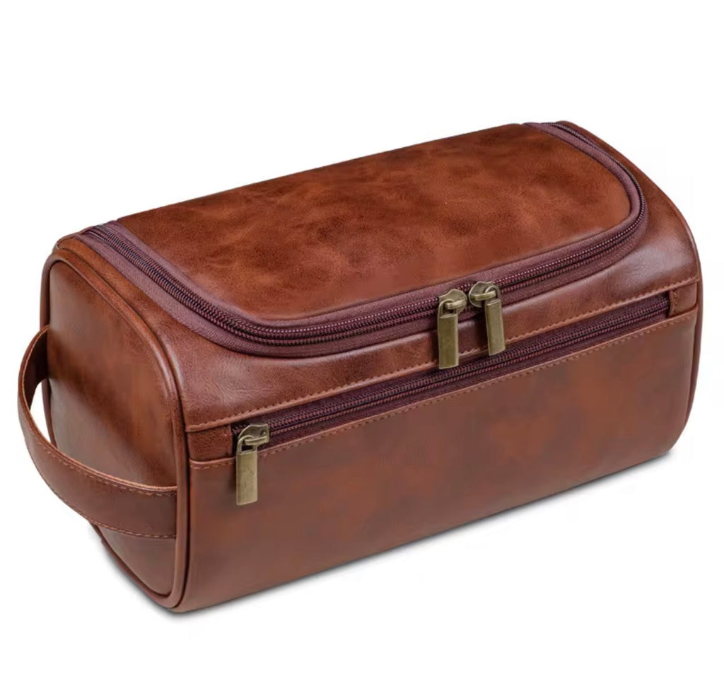 Trousse de Toilette & Maquillage Vintage en Cuir PU – Grand Format Imperméable, Suspendue avec Crochet, Unisexe