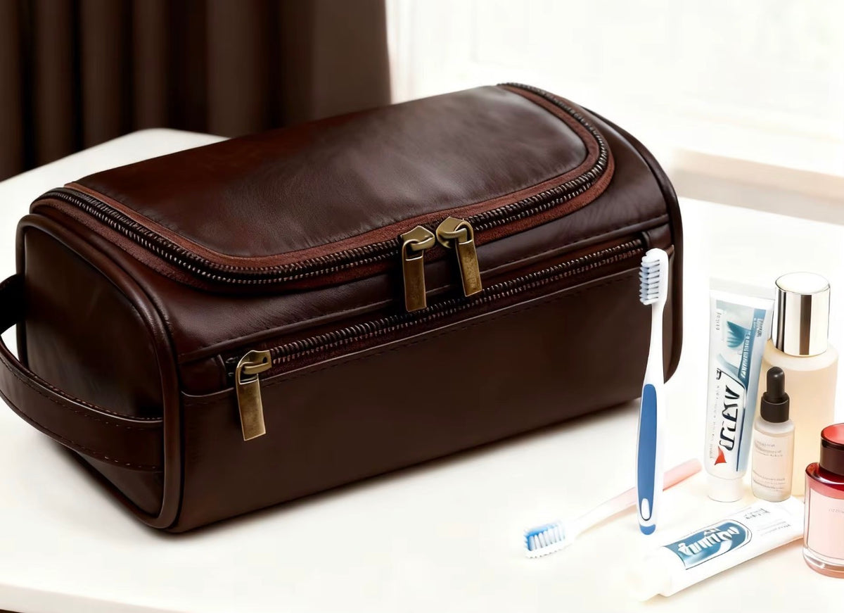 Trousse de Toilette & Maquillage Vintage en Cuir PU – Grand Format Imperméable, Suspendue avec Crochet, Unisexe