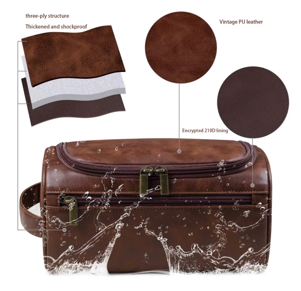 Trousse de Toilette & Maquillage Vintage en Cuir PU – Grand Format Imperméable, Suspendue avec Crochet, Unisexe
