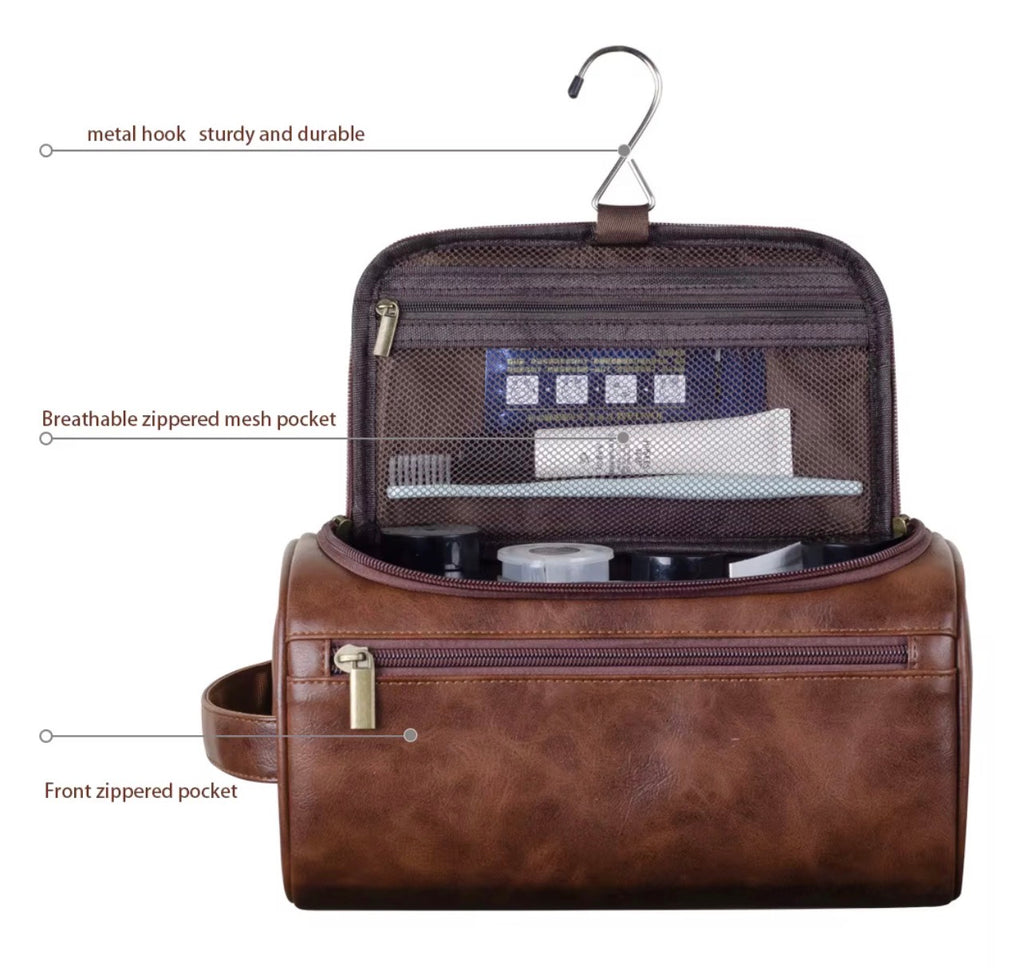 Trousse de Toilette & Maquillage Vintage en Cuir PU – Grand Format Imperméable, Suspendue avec Crochet, Unisexe