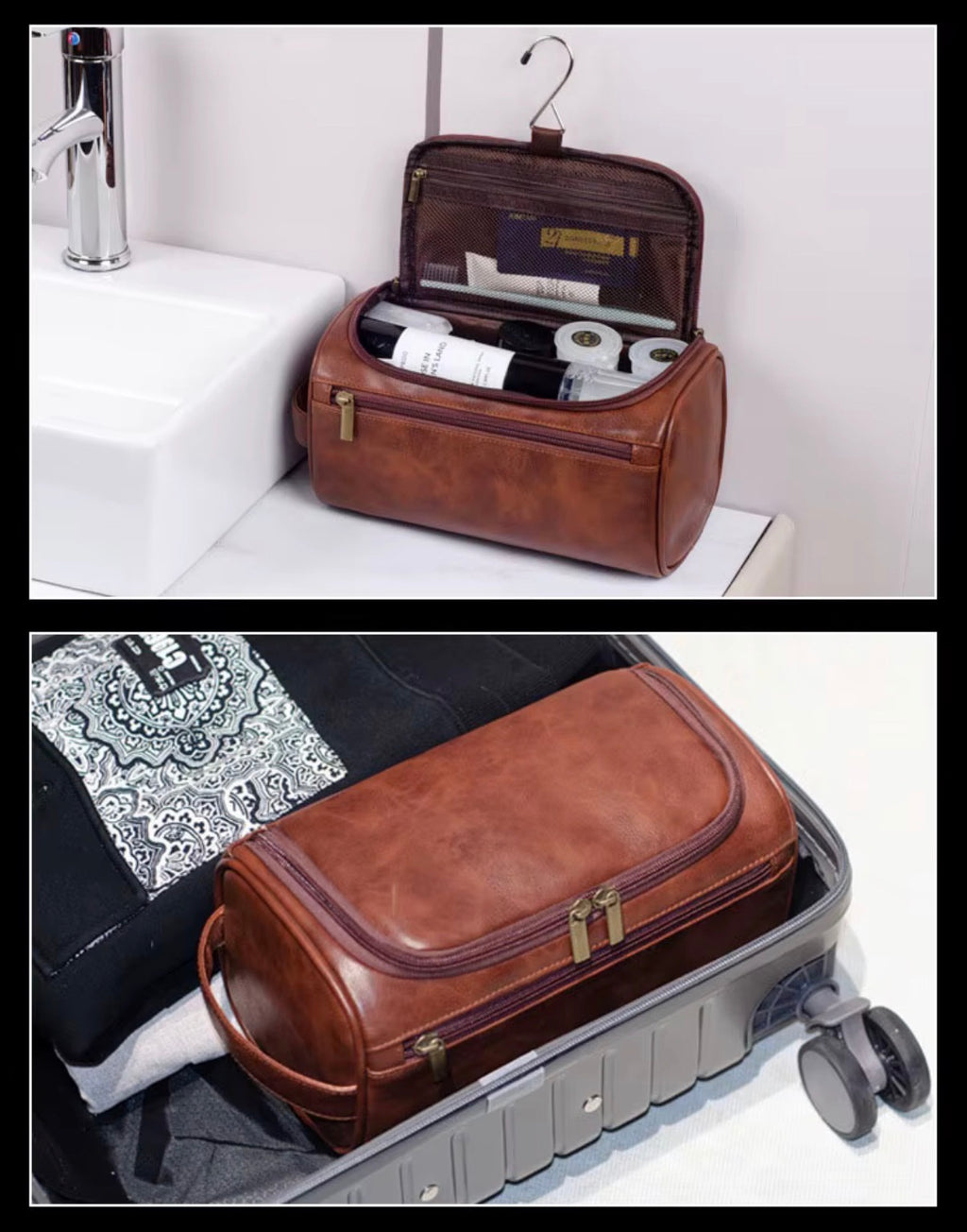 Trousse de Toilette & Maquillage Vintage en Cuir PU – Grand Format Imperméable, Suspendue avec Crochet, Unisexe